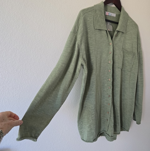 NWT Free People Beach Oversized Green Button Up Cotton Linen Sweater Size Medium - Picture 5 of 15